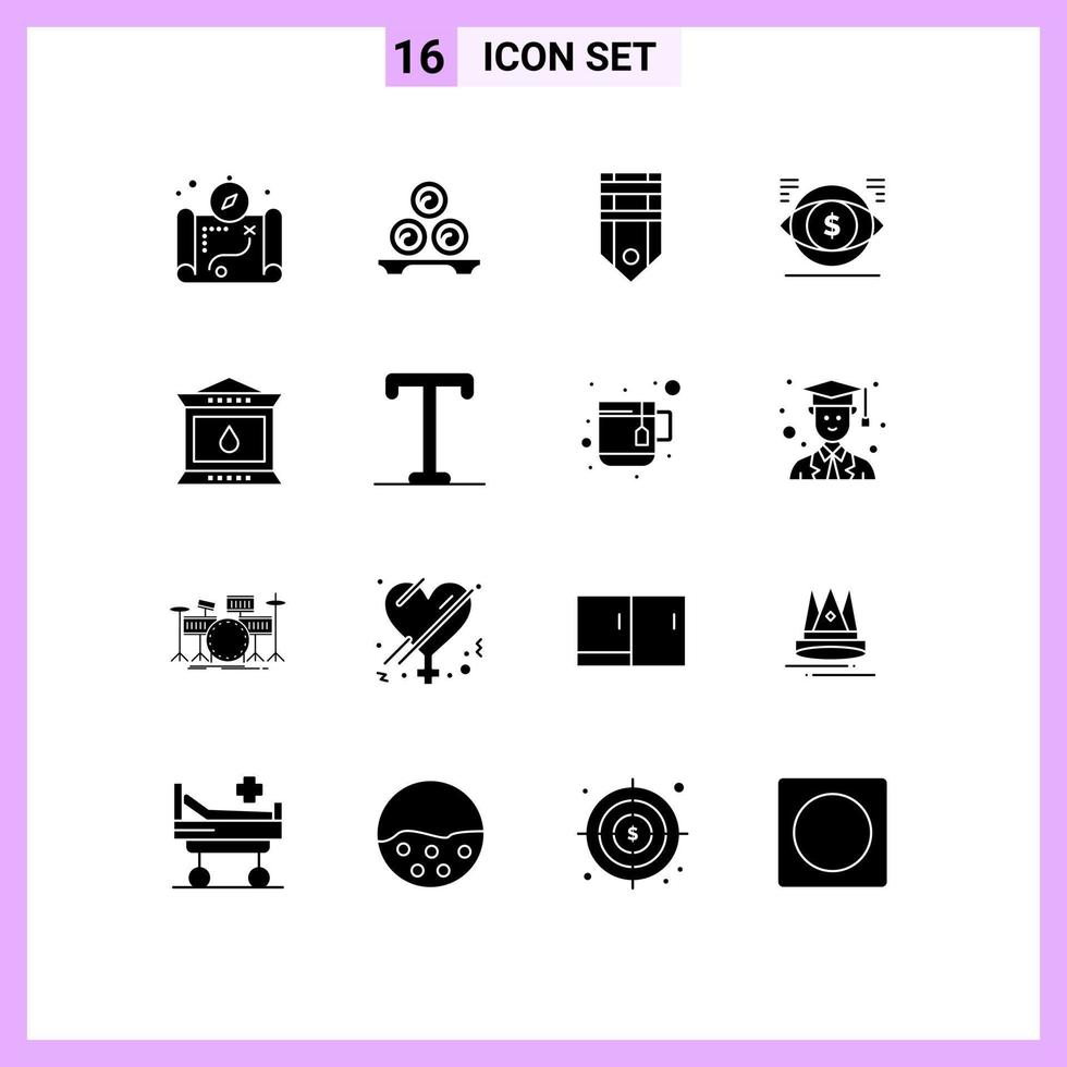 Universal Icon Symbols Group of 16 Modern Solid Glyphs of vision money badge dollar tag Editable Vector Design Elements