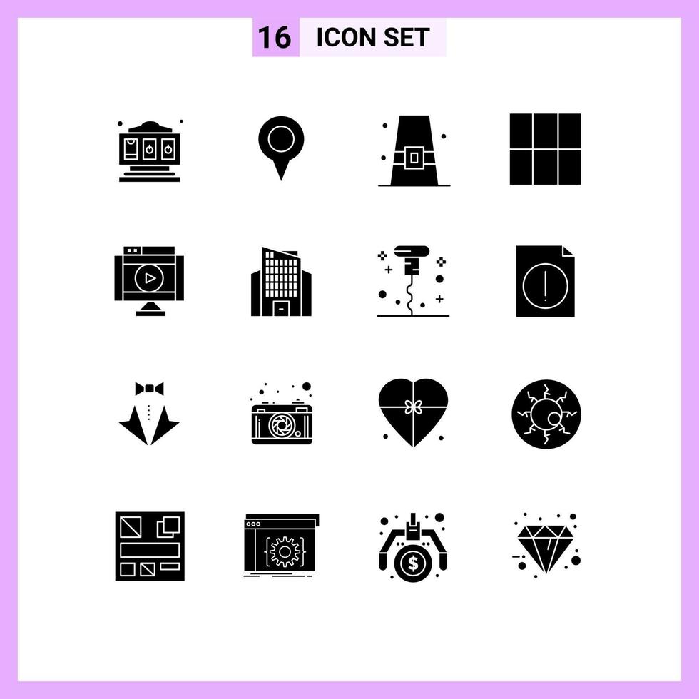 16 Universal Solid Glyphs Set for Web and Mobile Applications player movie buckle internet grid Editable Vector Design Elements