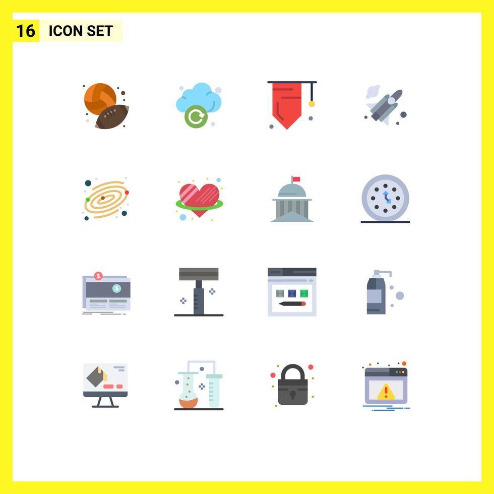 Pack of 16 Modern Flat Colors Signs and Symbols for Web Print Media such as space astronomy badge science fly Editable Pack of Creative Vector Design Elements