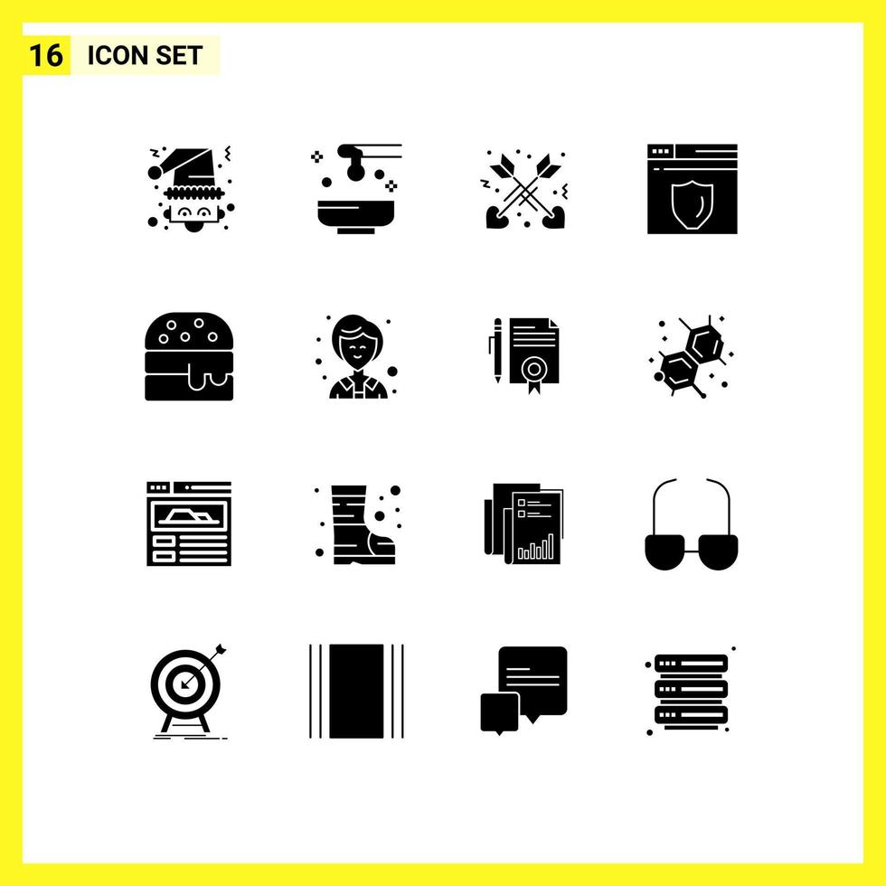 Group of 16 Modern Solid Glyphs Set for food shield spa security love Editable Vector Design Elements