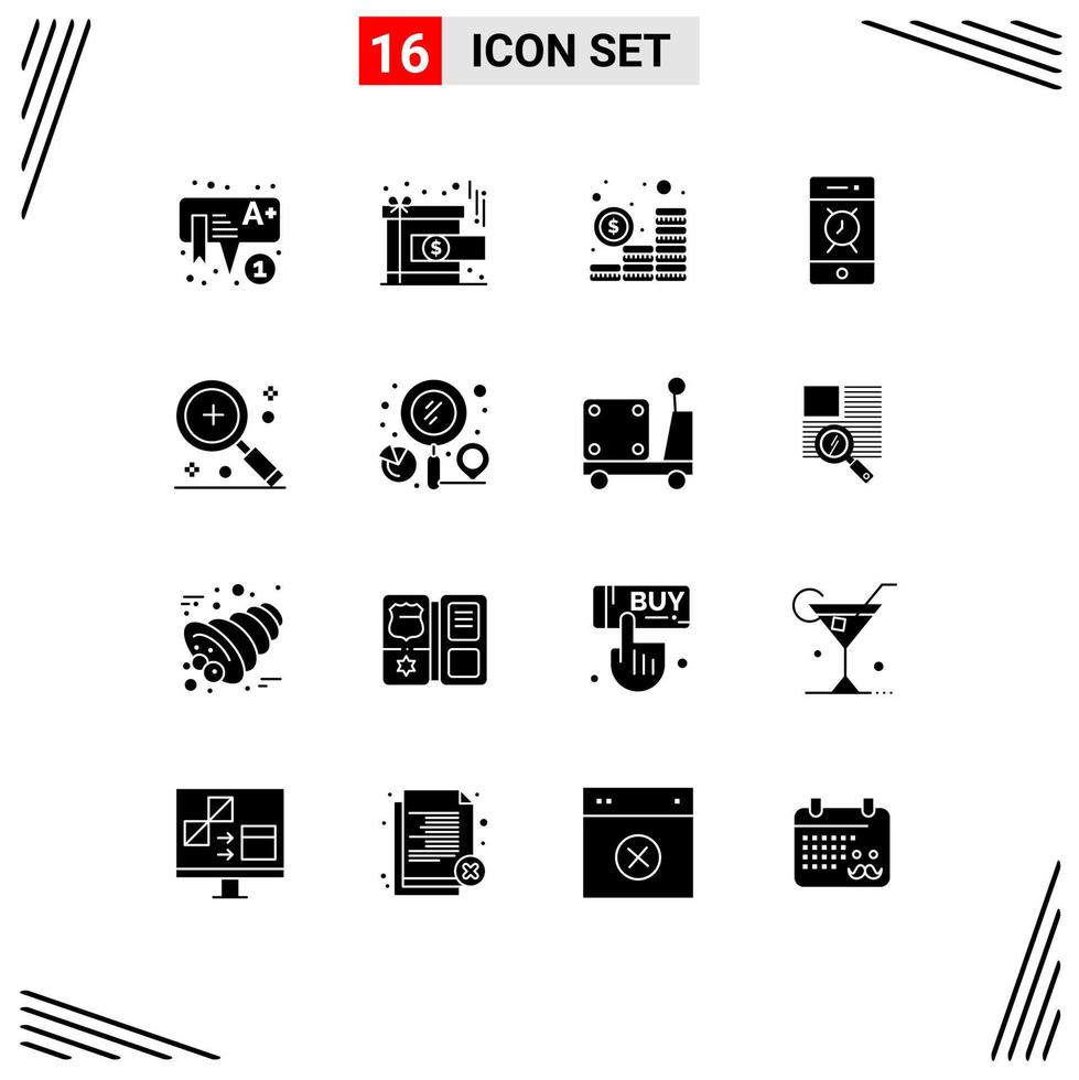 16 Universal Solid Glyph Signs Symbols of find phone budget bell alarm Editable Vector Design Elements