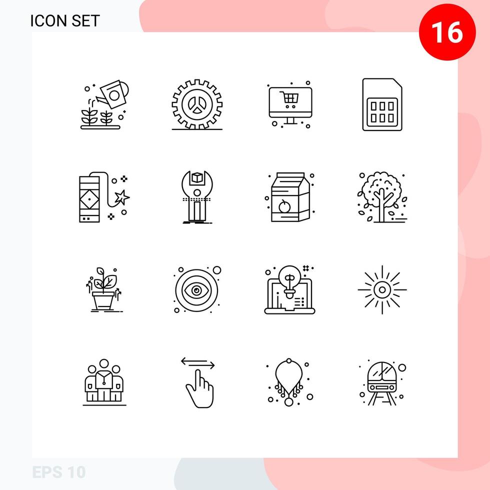 Set of 16 Commercial Outlines pack for sim card phone web development mobile monitor Editable Vector Design Elements