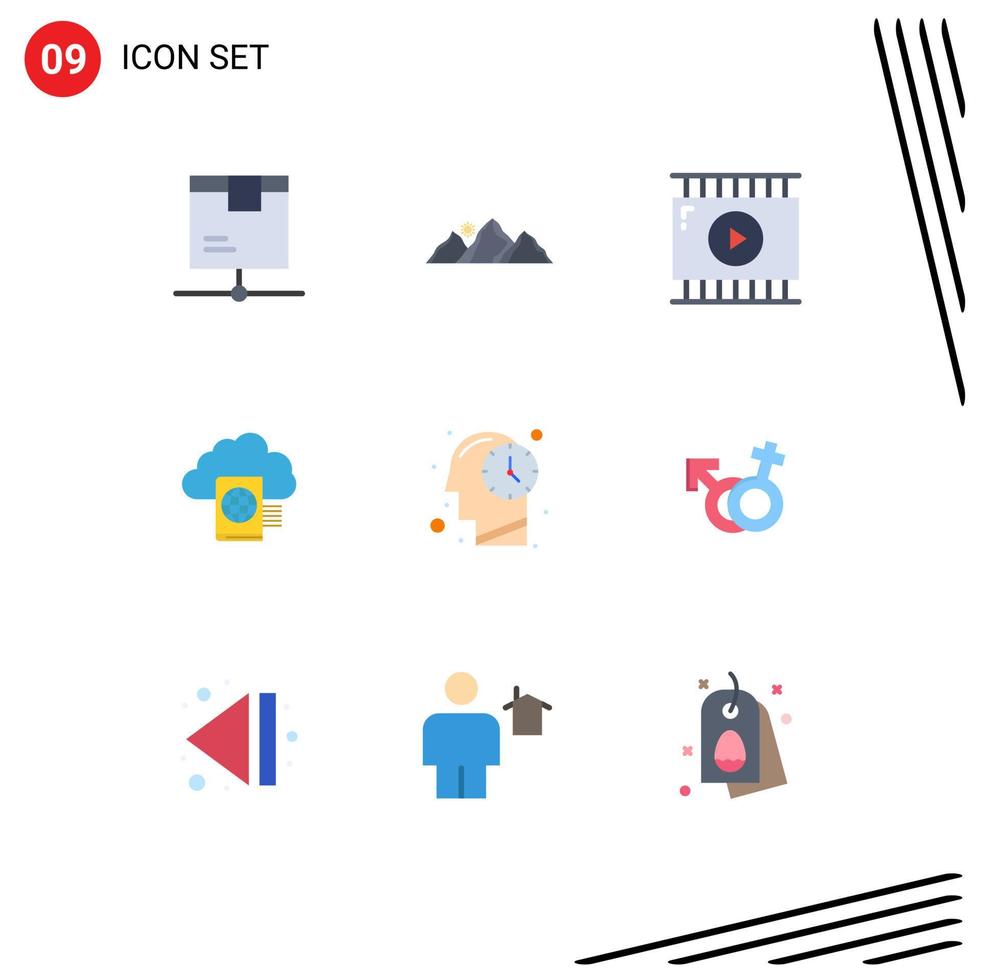 9 User Interface Flat Color Pack of modern Signs and Symbols of upload reading mountain cloud video app Editable Vector Design Elements