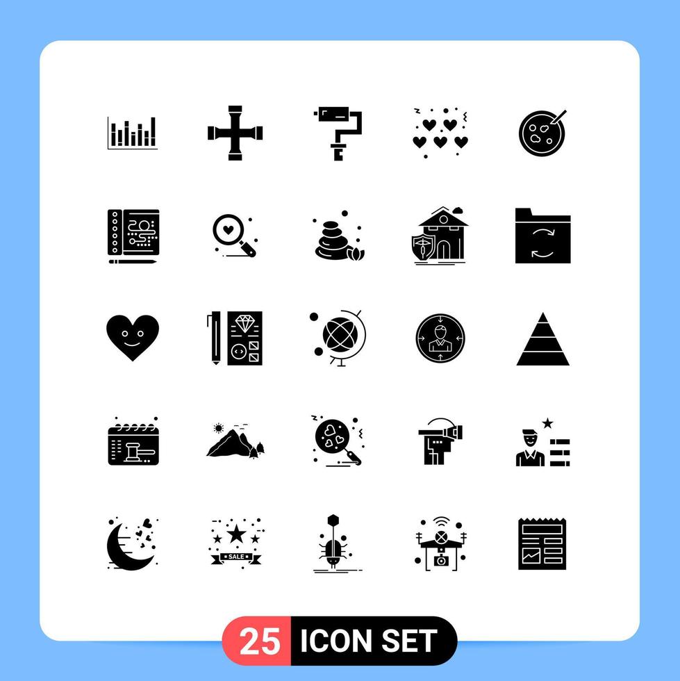 25 Universal Solid Glyphs Set for Web and Mobile Applications analysis petri paint roller valentines hearts Editable Vector Design Elements