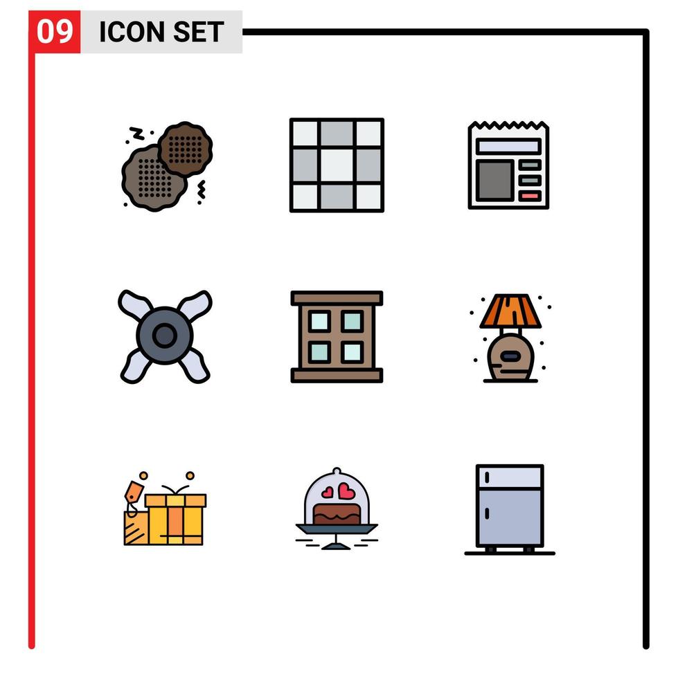 User Interface Pack of 9 Basic Filledline Flat Colors of lump living bank home window Editable Vector Design Elements