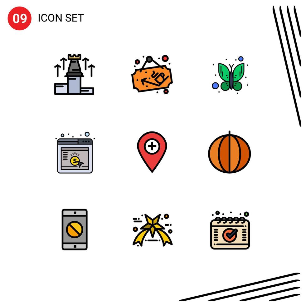 Pack of 9 Modern Filledline Flat Colors Signs and Symbols for Web Print Media such as location seo sign board browser cpc Editable Vector Design Elements