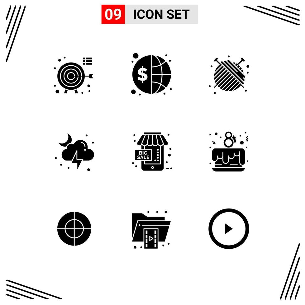 Solid Glyph Pack of 9 Universal Symbols of sale moon global lightning yarn Editable Vector Design Elements