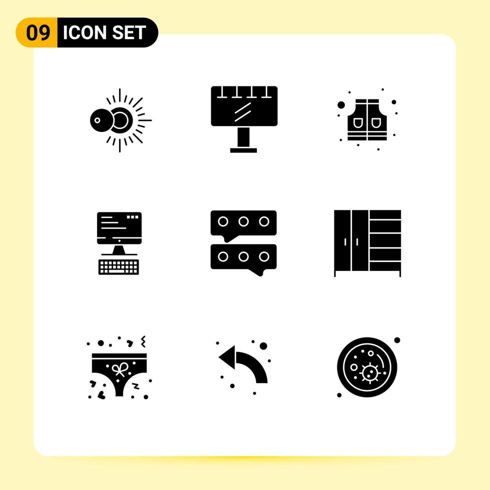 Pack of 9 creative Solid Glyphs of furniture conversation life bubble monitor Editable Vector Design Elements