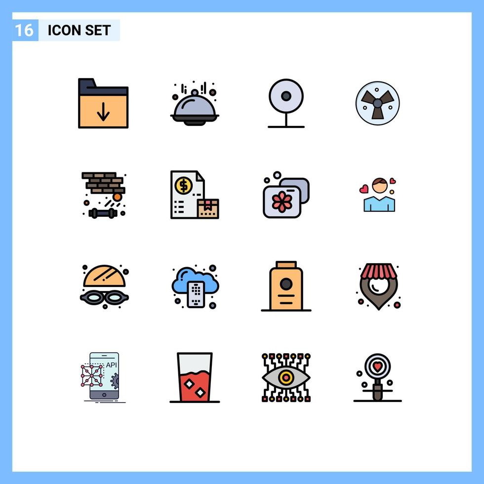 16 Thematic Vector Flat Color Filled Lines and Editable Symbols of game brick media fan warining Editable Creative Vector Design Elements