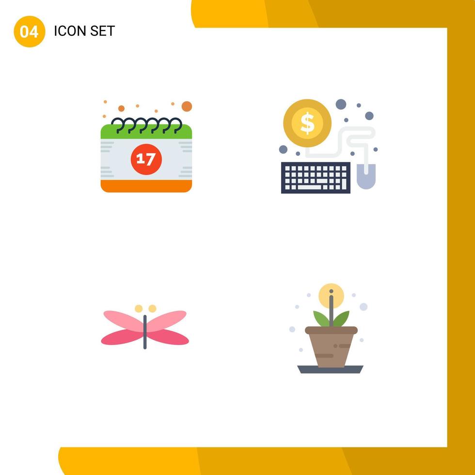 4 Universal Flat Icon Signs Symbols of calendar dragonfly festival laptop fly Editable Vector Design Elements