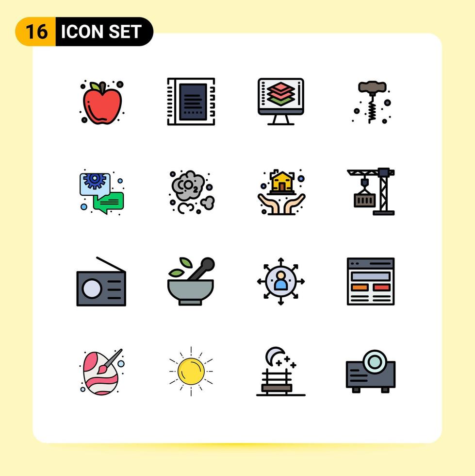 User Interface Pack of 16 Basic Flat Color Filled Lines of chat power tools list hand drill screen Editable Creative Vector Design Elements
