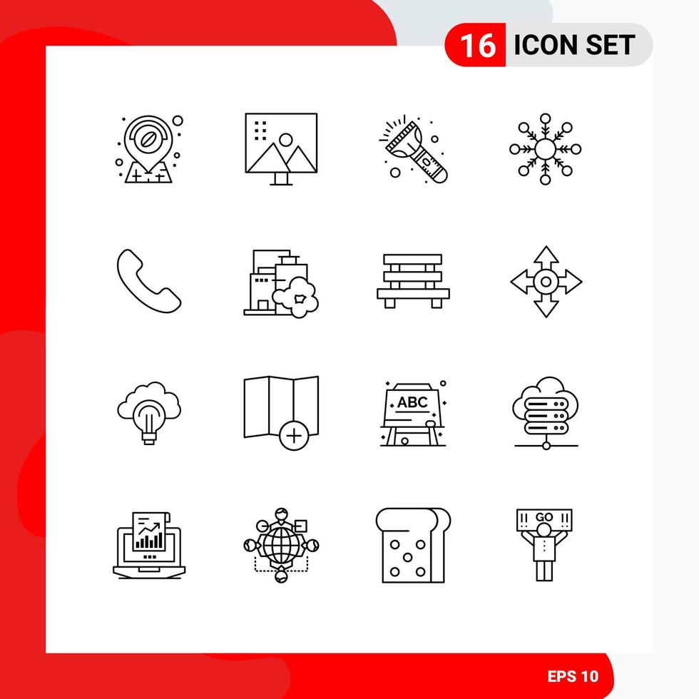 Group of 16 Outlines Signs and Symbols for factory telephone flash phone snow Editable Vector Design Elements