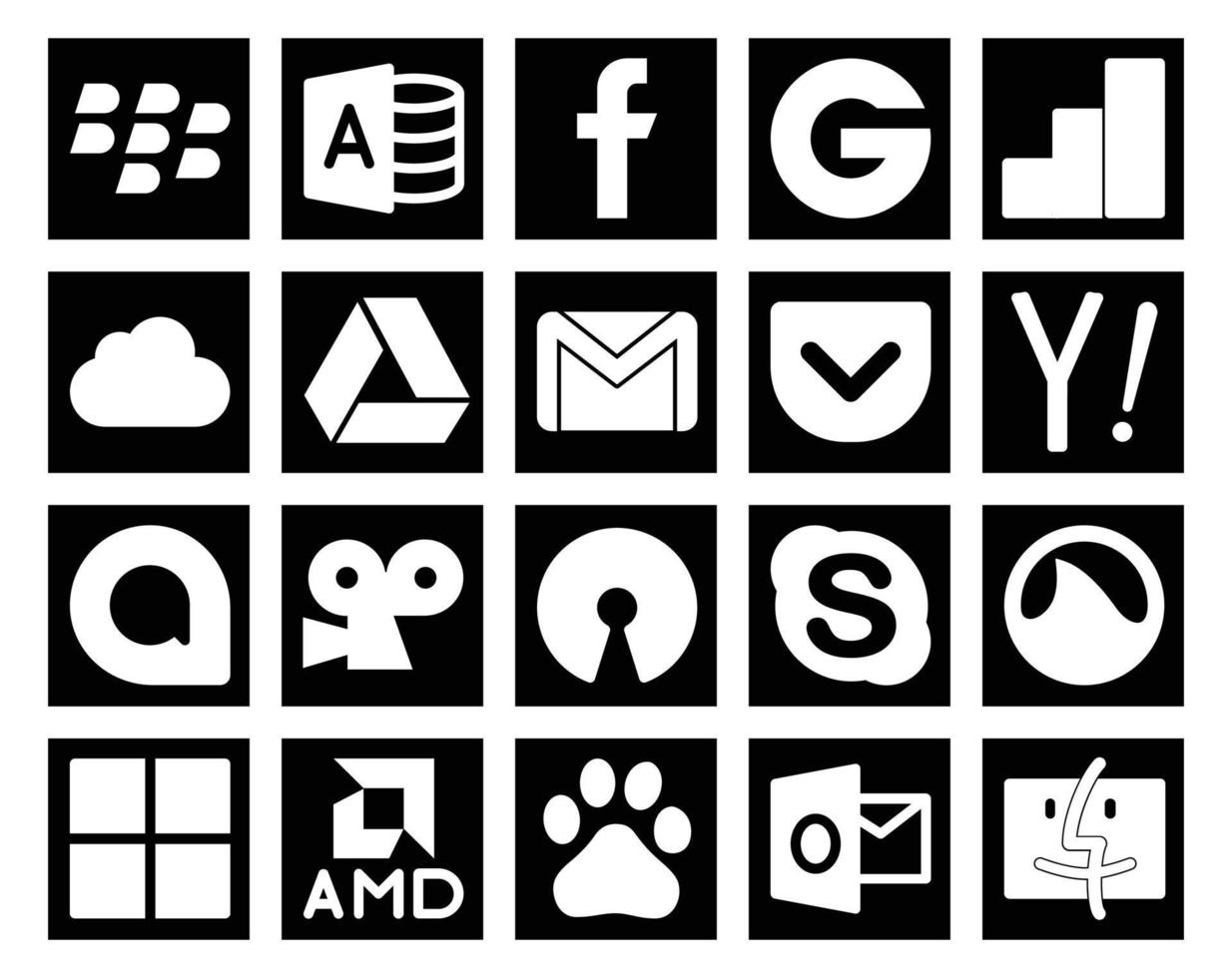 Paquete de 20 íconos de redes sociales que incluye búsqueda de viddler de correo electrónico de código abierto de chat vector