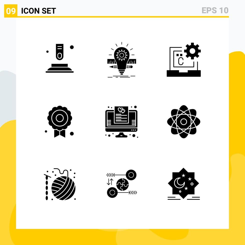 conjunto de pictogramas de 9 glifos sólidos simples de certificado de escala de medalla de lista de deseos desarrollar elementos de diseño vectorial editables vector