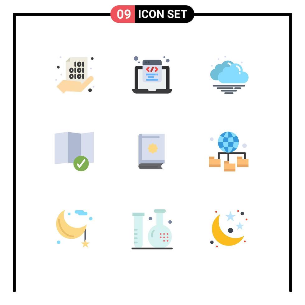 9 User Interface Flat Color Pack of modern Signs and Symbols of book map programming location weather Editable Vector Design Elements