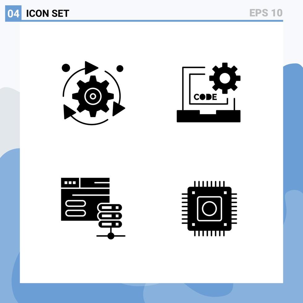 4 Solid Glyph concept for Websites Mobile and Apps setting programming gear coding network server Editable Vector Design Elements