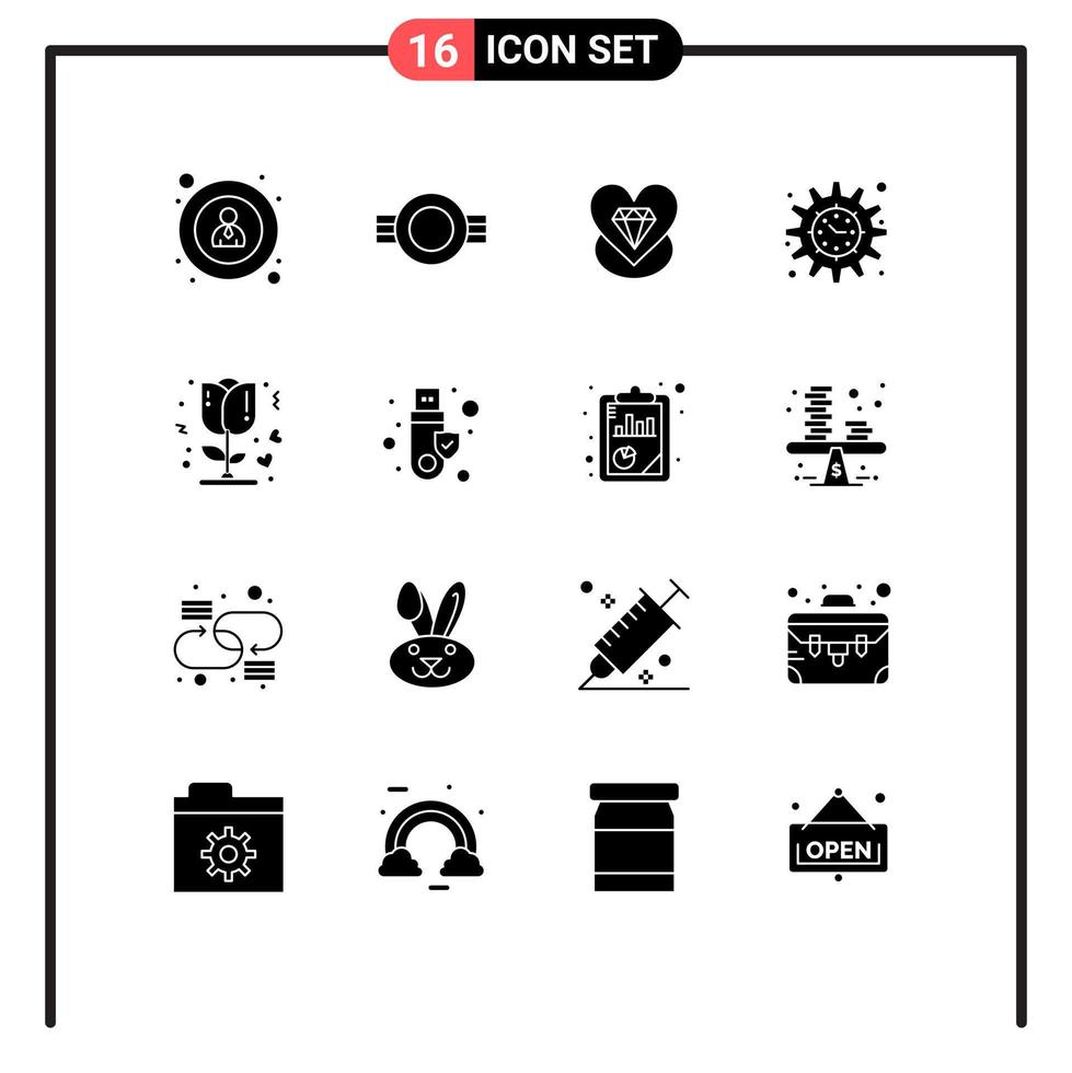 Pack of 16 creative Solid Glyphs of rose project goal diamond timeline funding Editable Vector Design Elements