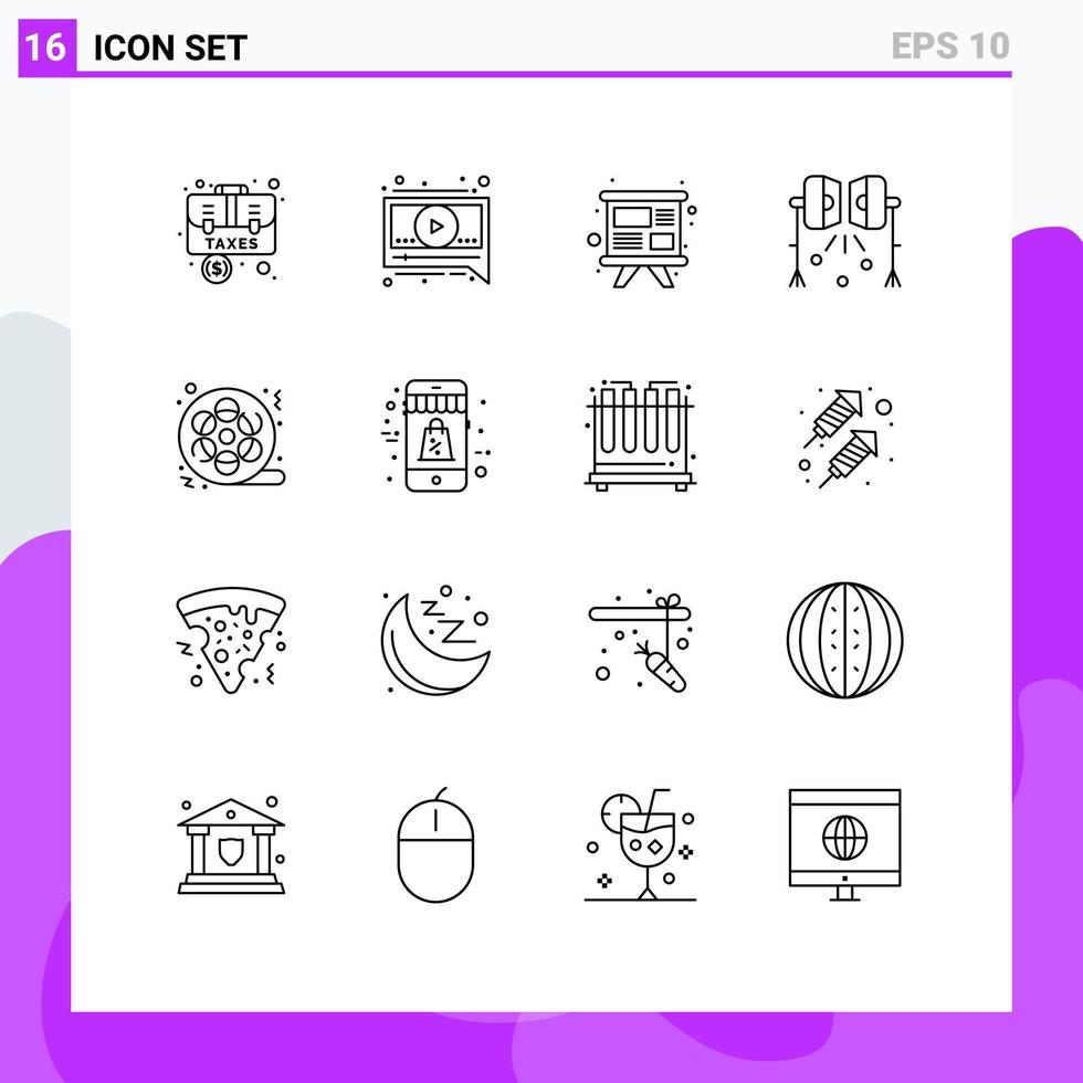 Universal Icon Symbols Group of 16 Modern Outlines of film studio lightning presentation spotlight illumination Editable Vector Design Elements