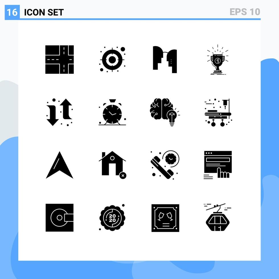 16 User Interface Solid Glyph Pack of modern Signs and Symbols of clock right award left victory Editable Vector Design Elements
