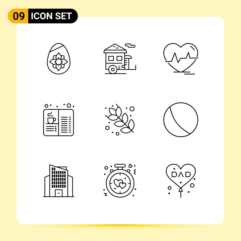 Group of 9 Outlines Signs and Symbols for drink cafe transport book pulse Editable Vector Design Elements