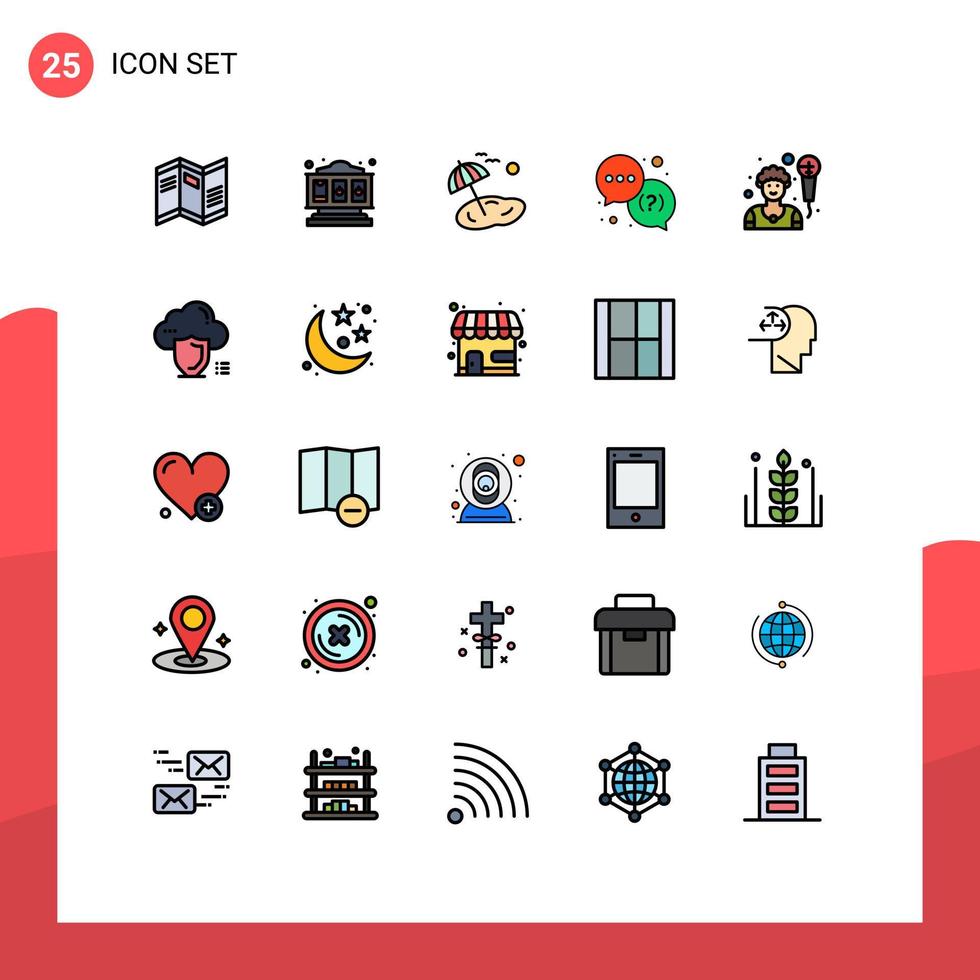 Group of 25 Modern Filled line Flat Colors Set for singer artist palm support question Editable Vector Design Elements