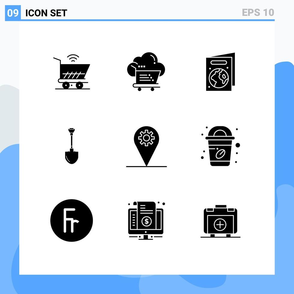 Group of 9 Solid Glyphs Signs and Symbols for business repair trolley tool showel Editable Vector Design Elements
