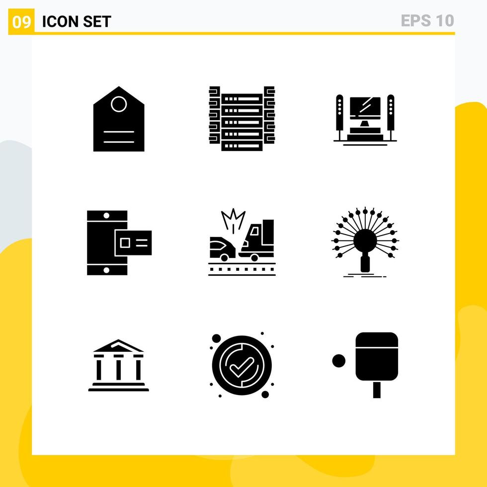 Set of 9 Vector Solid Glyphs on Grid for crash accident computing profile online Editable Vector Design Elements