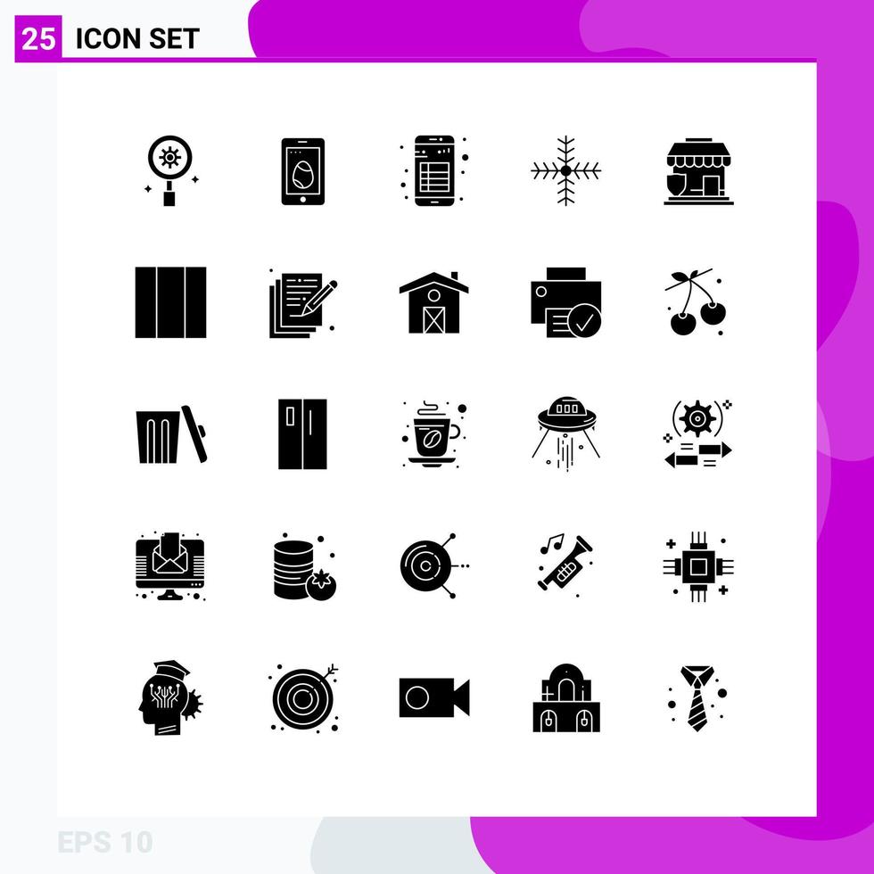 Group of 25 Modern Solid Glyphs Set for insurance snowflake app holiday reading Editable Vector Design Elements