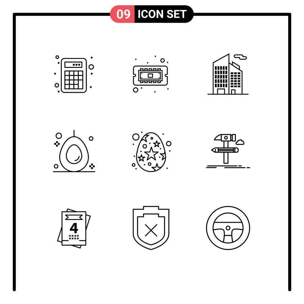 Mobile Interface Outline Set of 9 Pictograms of star egg egg building easter food Editable Vector Design Elements