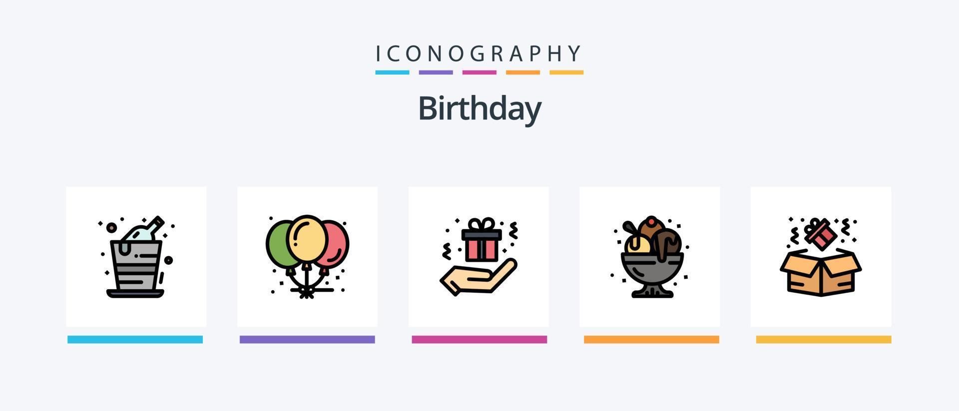 la línea de cumpleaños llenó el paquete de 5 iconos, incluida la vela. cumpleaños. alimento. pastel. cumpleaños. diseño de iconos creativos vector