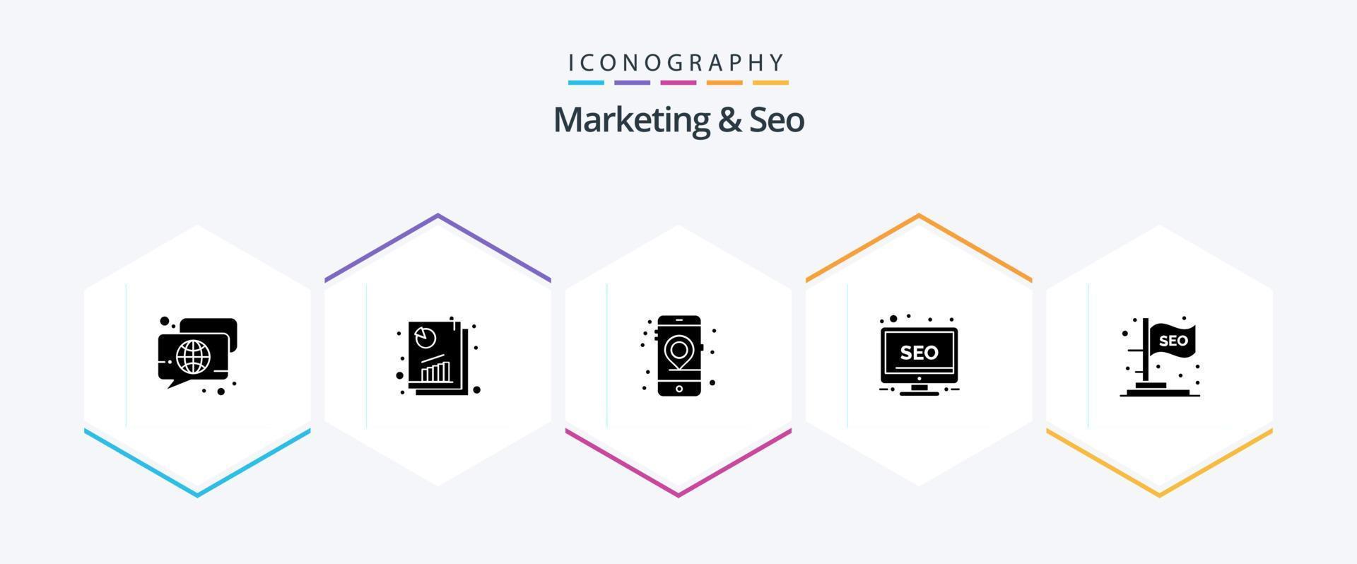 paquete de iconos de 25 glifos de marketing y seo que incluye monitor. SEO analisis seo escritorio. móvil vector