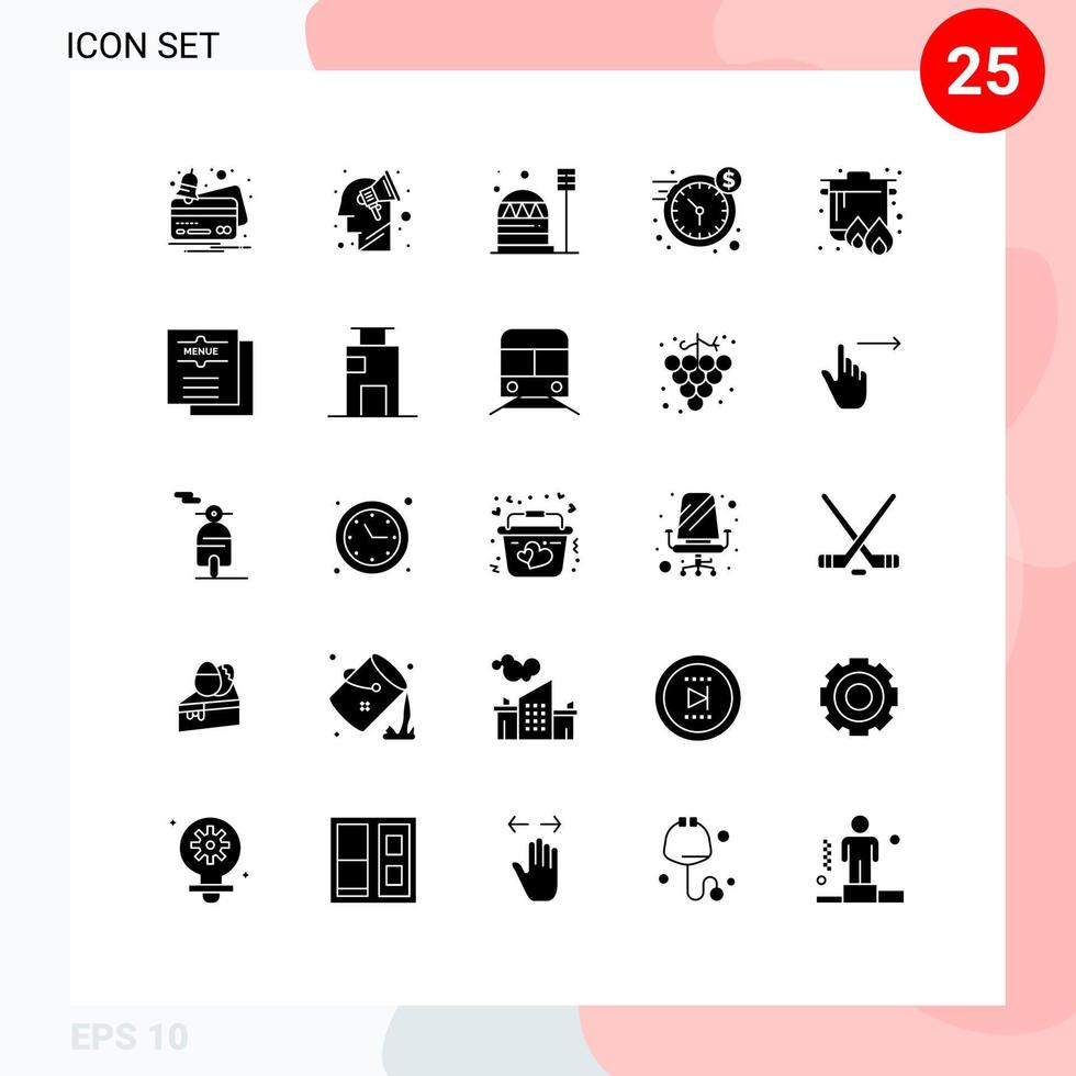 Pictogram Set of 25 Simple Solid Glyphs of boil money base dollar habitation Editable Vector Design Elements