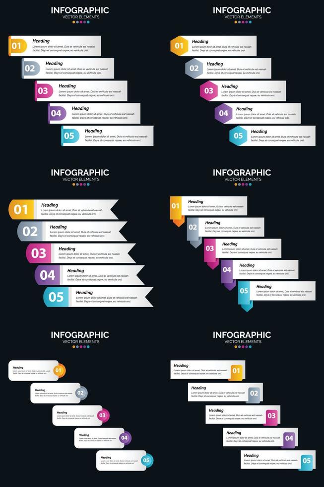 Enhance your presentation with Vector 6 Infographics Pack. including 5 steps and timelines