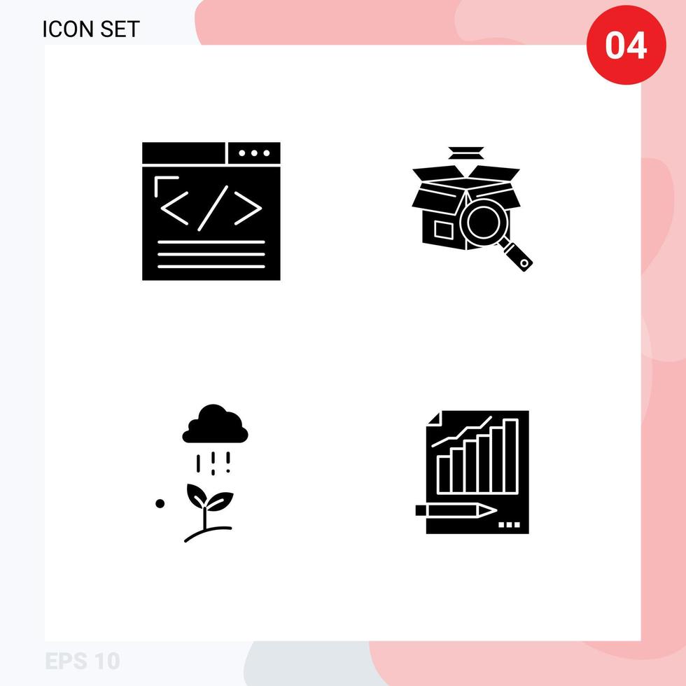 Mobile Interface Solid Glyph Set of 4 Pictograms of browser cloud rain web design search nature Editable Vector Design Elements