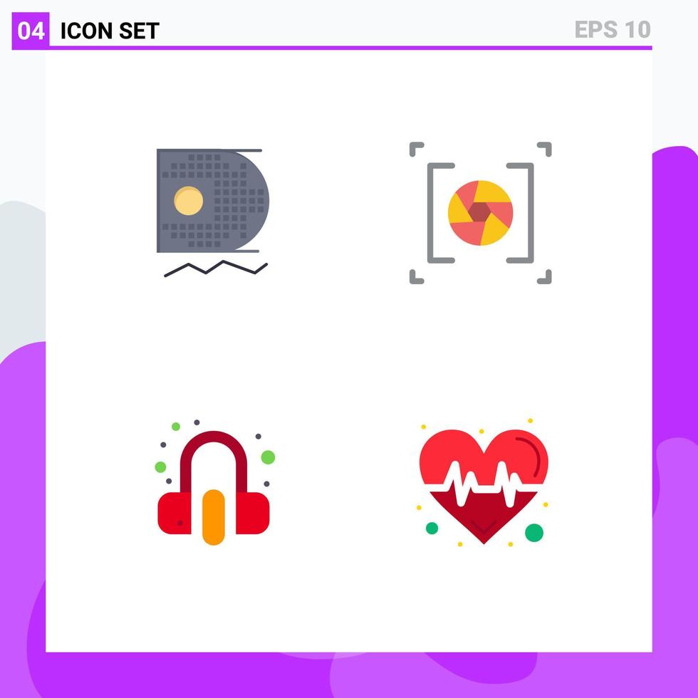 Group of 4 Modern Flat Icons Set for data headphone mining lens earphone Editable Vector Design Elements