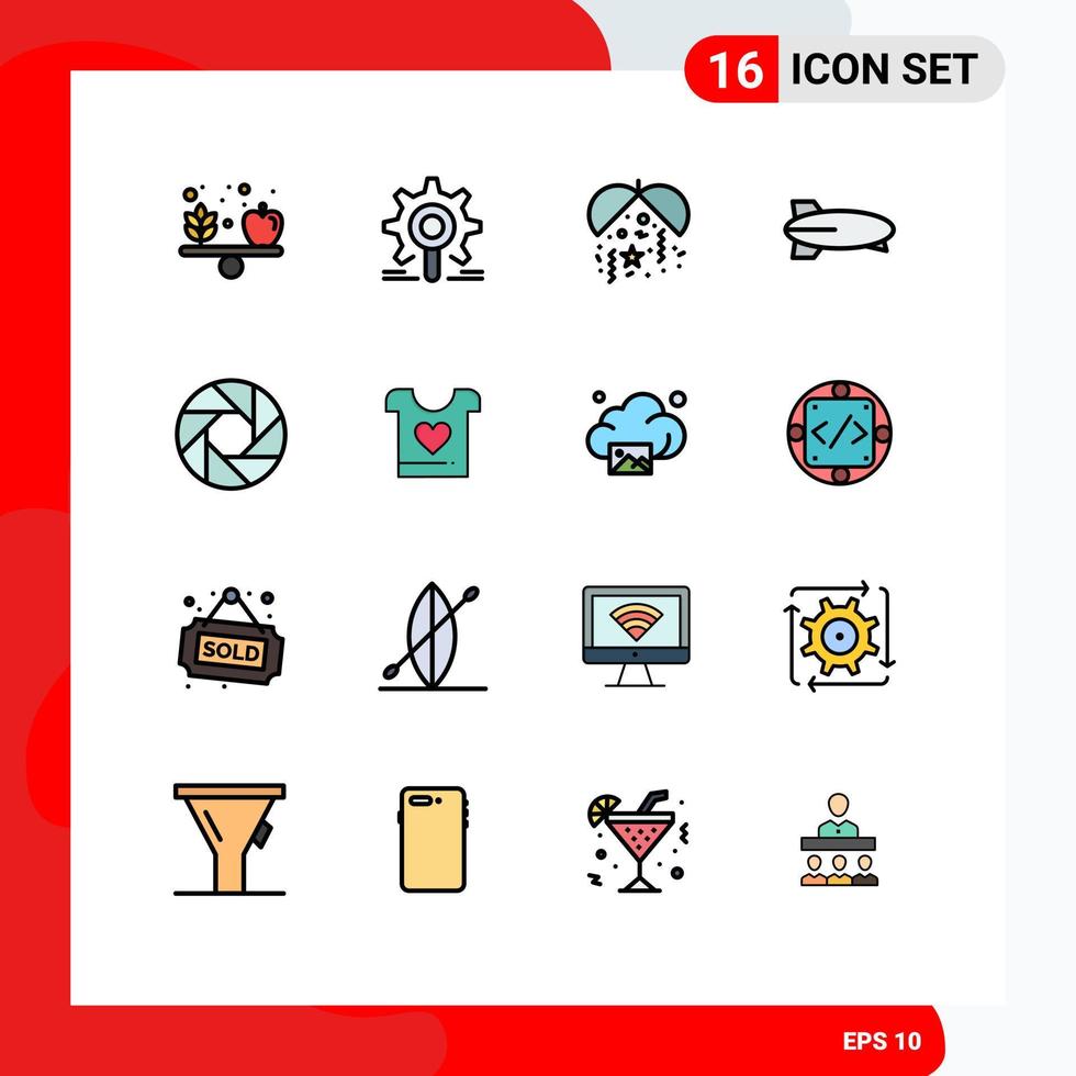 16 Universal Flat Color Filled Lines Set for Web and Mobile Applications camera vehicles configuration transportation balloon Editable Creative Vector Design Elements