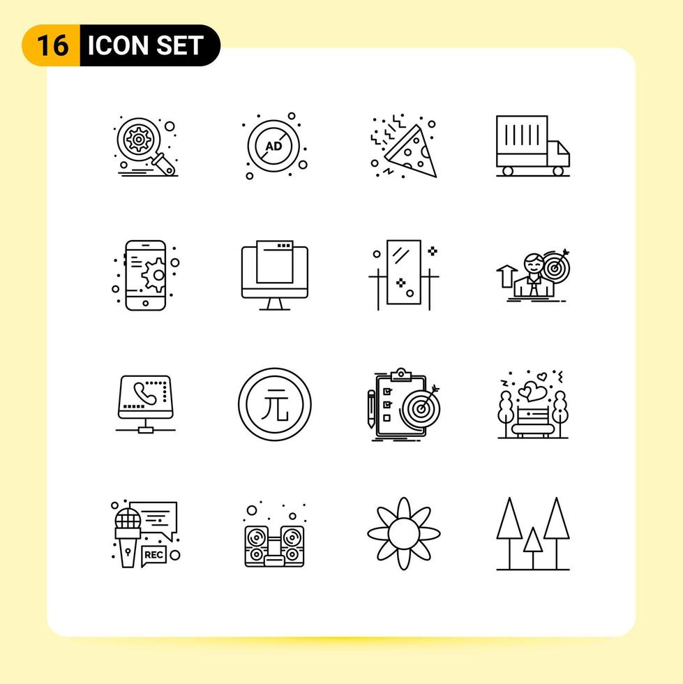Pictogram Set of 16 Simple Outlines of computer gear confetti configuration truck Editable Vector Design Elements