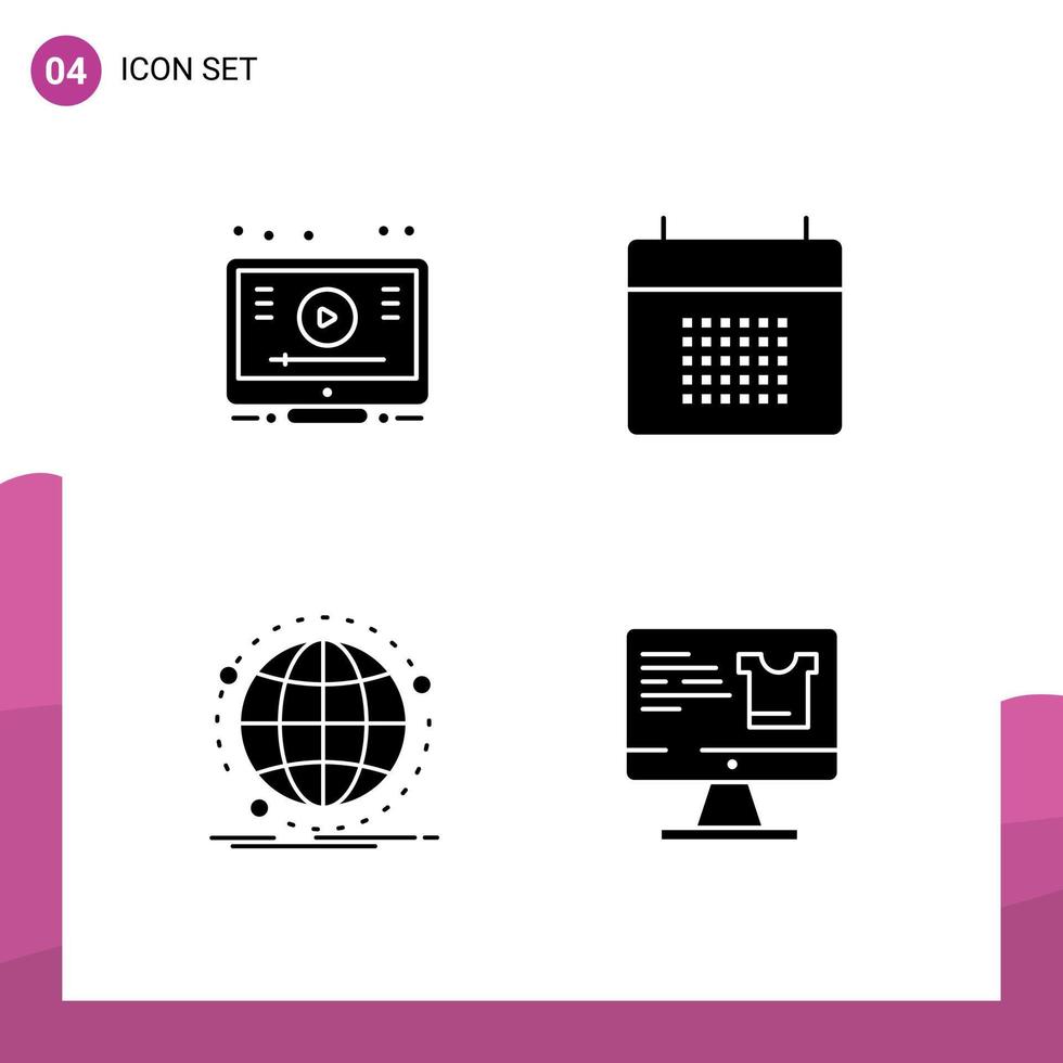 Set of 4 Modern UI Icons Symbols Signs for learn data youtube date internet Editable Vector Design Elements