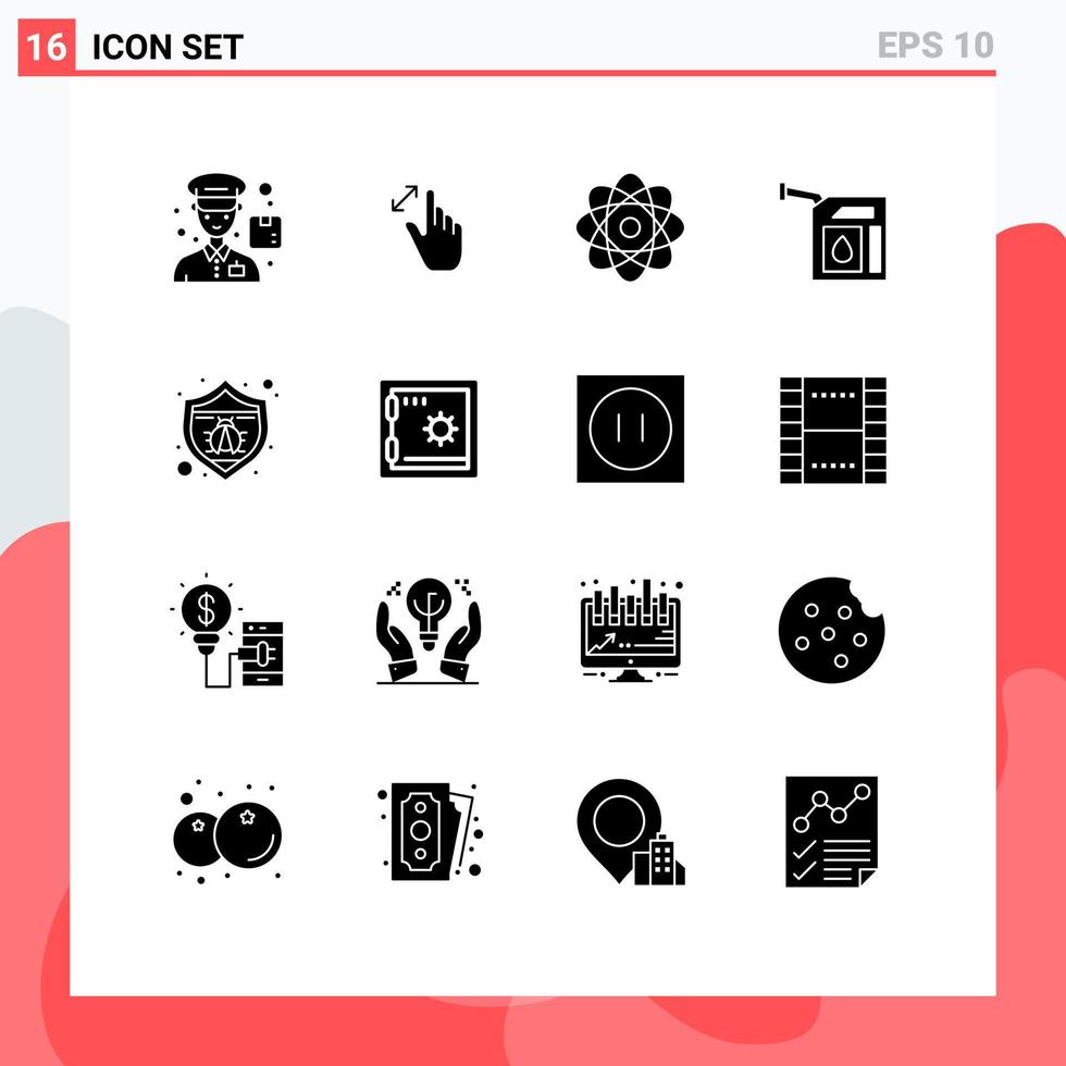 Group of 16 Solid Glyphs Signs and Symbols for spam protection atom station gas Editable Vector Design Elements