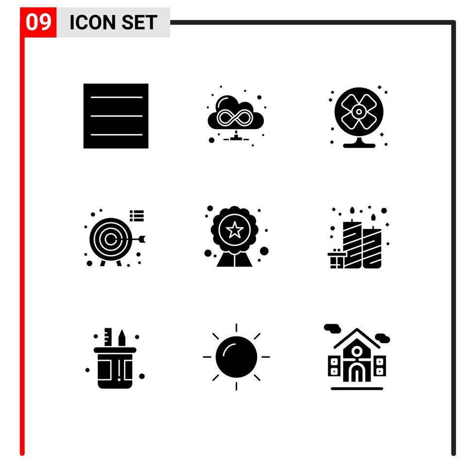 Set of 9 Vector Solid Glyphs on Grid for birthday badge summer seo focus Editable Vector Design Elements