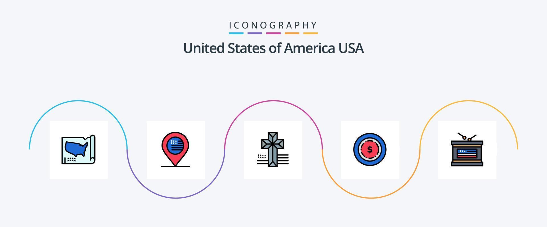 la línea de estados unidos llenó el paquete de iconos flat 5 que incluye el día de la independencia. día festivo. americano. tambor. dólar vector