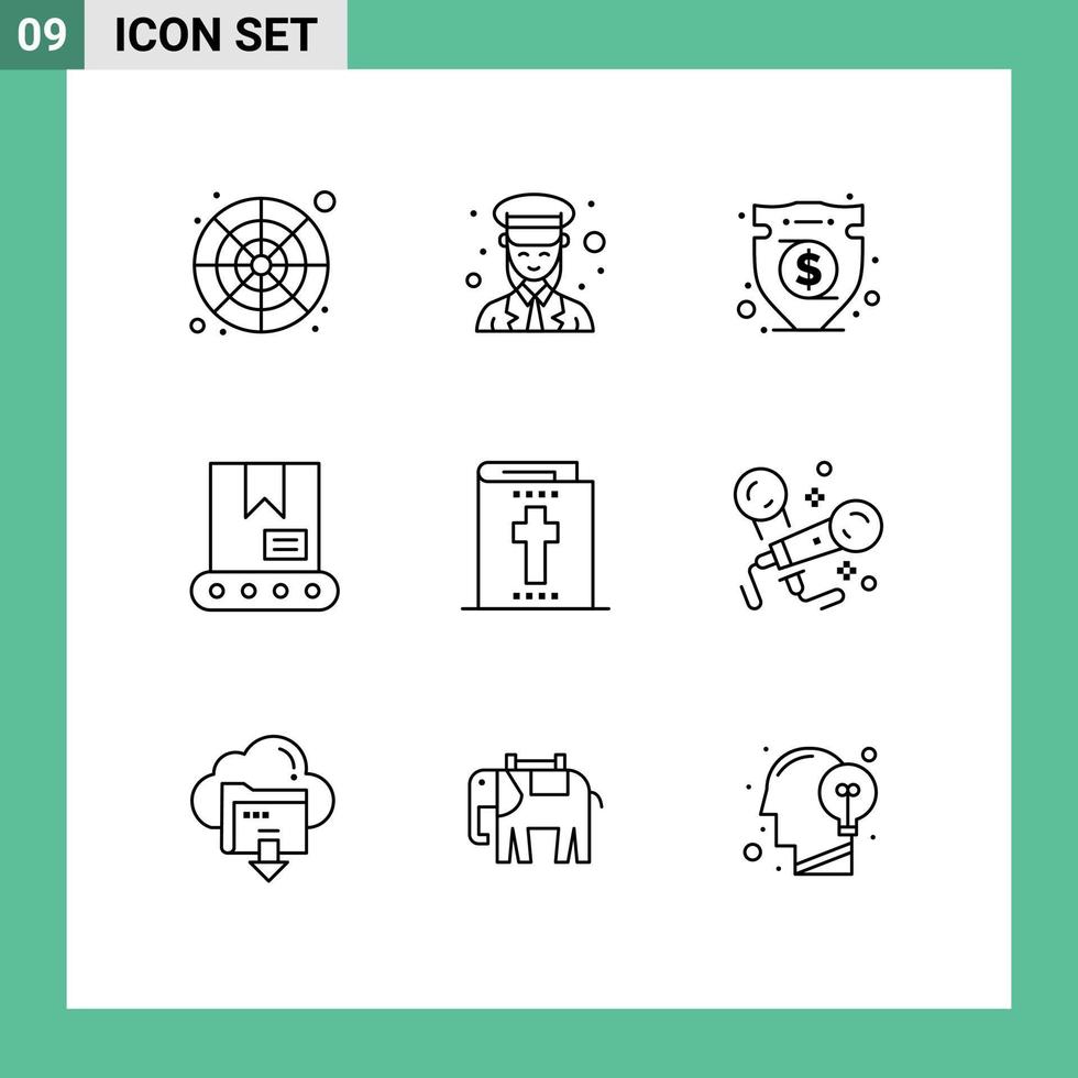 Pack of 9 Modern Outlines Signs and Symbols for Web Print Media such as bible construction police bulldozer investment Editable Vector Design Elements