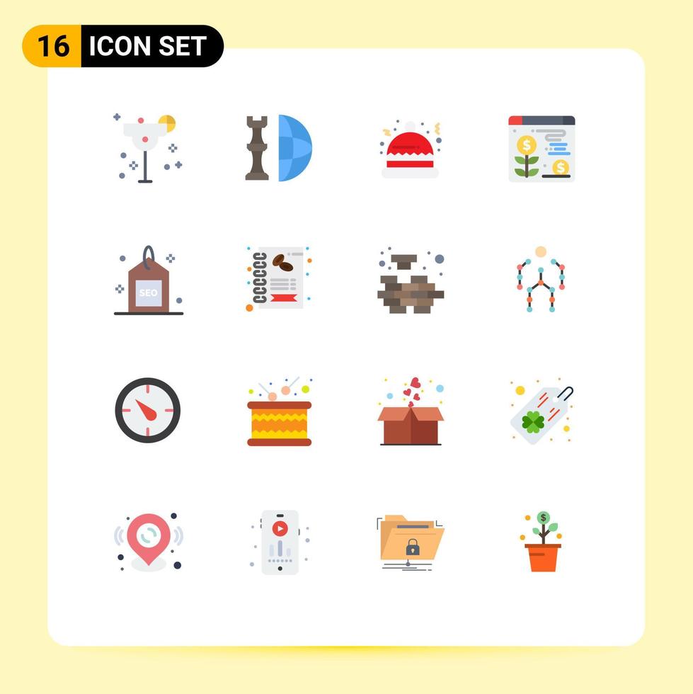 grupo de 16 signos y símbolos de colores planos para un paquete editable web de planta de plan de motor optimizado de elementos creativos de diseño de vectores