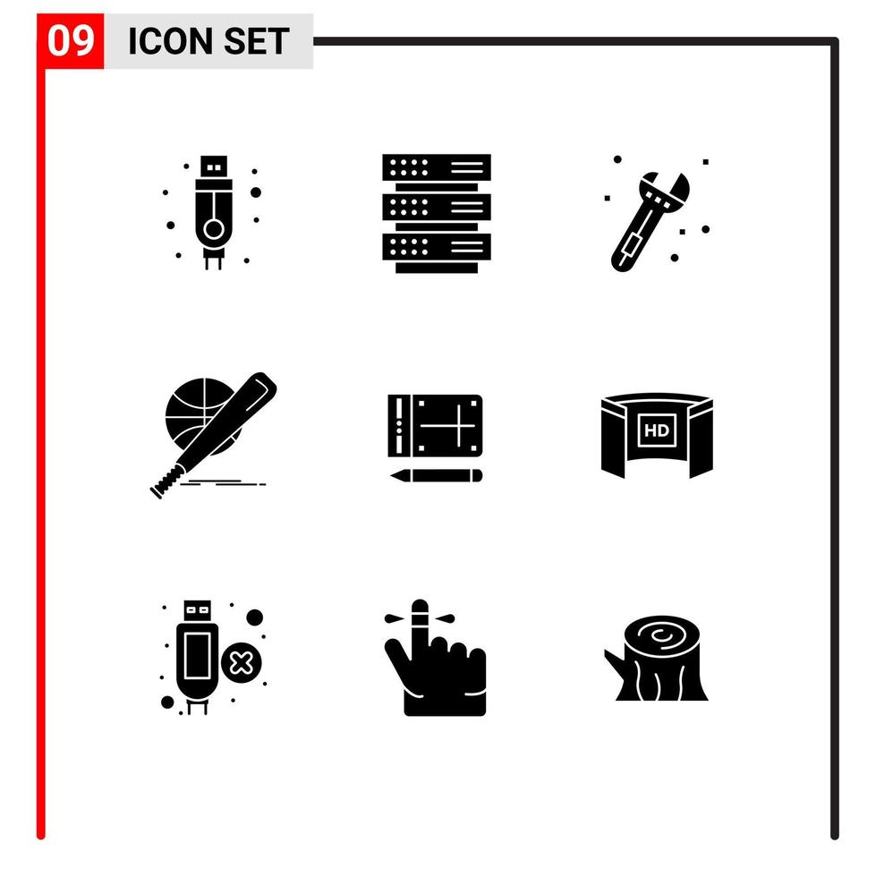 conjunto de pictogramas de 9 glifos sólidos simples de elementos de diseño vectorial editables de bola divertida de herramienta móvil en línea vector