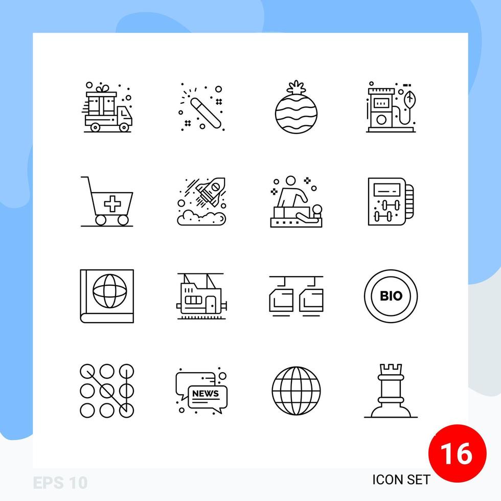 Mobile Interface Outline Set of 16 Pictograms of currency medicine eco medical gas station Editable Vector Design Elements