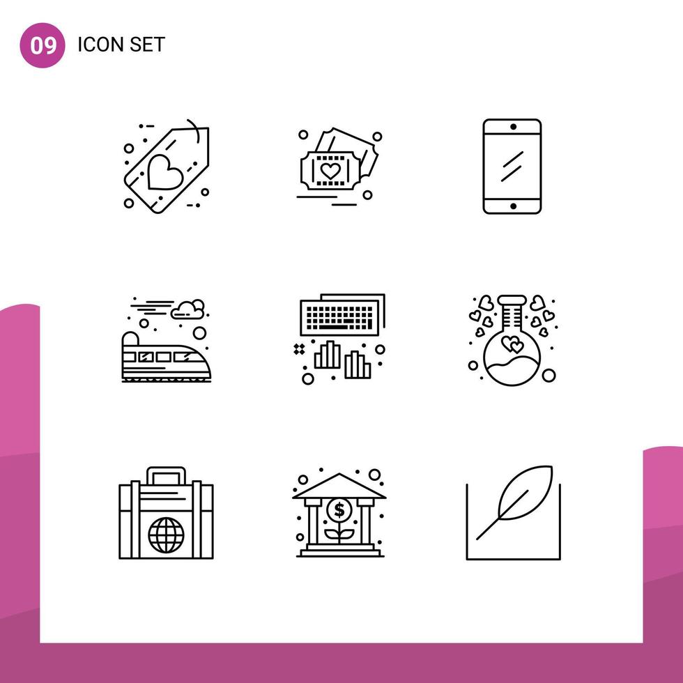 Universal Icon Symbols Group of 9 Modern Outlines of keyboard train wedding suburban study Editable Vector Design Elements