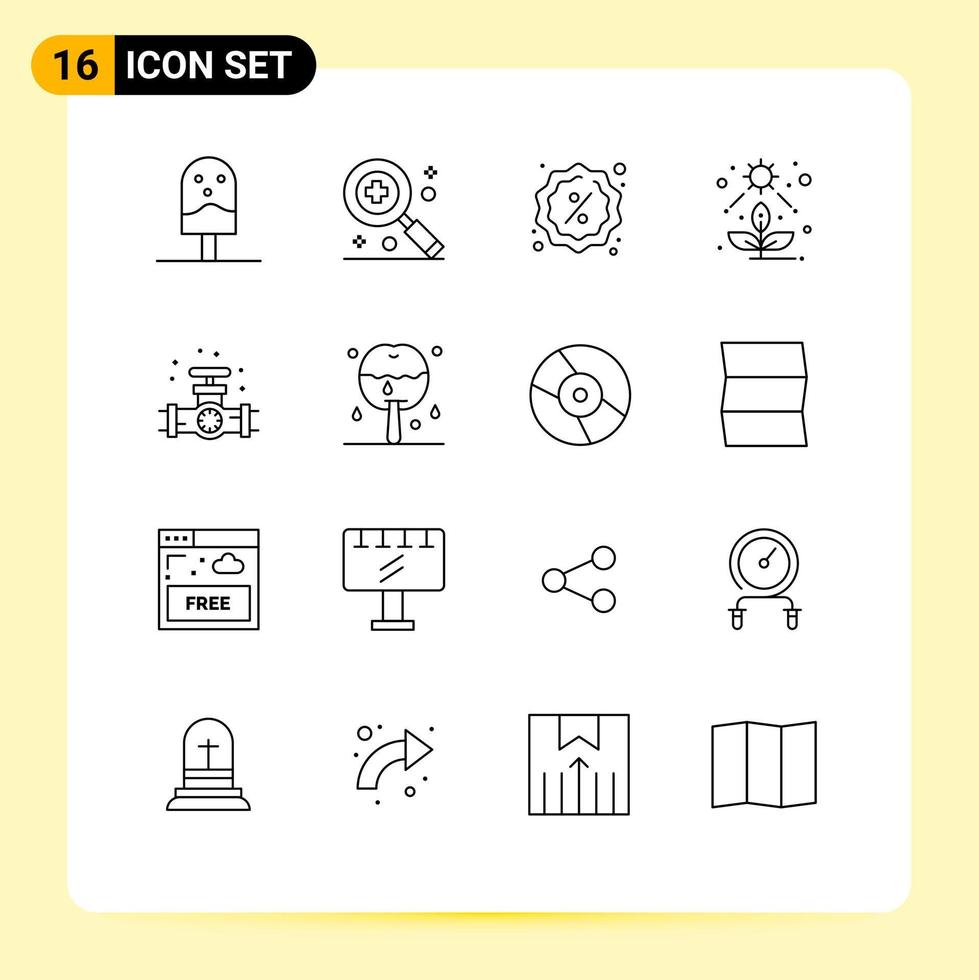 Pack of 16 Modern Outlines Signs and Symbols for Web Print Media such as plumber gauge reduction succulent light Editable Vector Design Elements