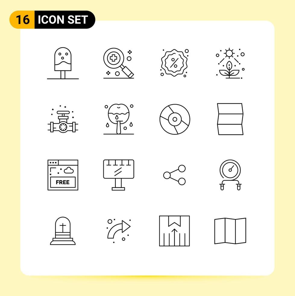 paquete de 16 signos y símbolos de contornos modernos para medios de impresión web como reducción de calibre de plomero elementos de diseño de vectores editables de luz suculenta