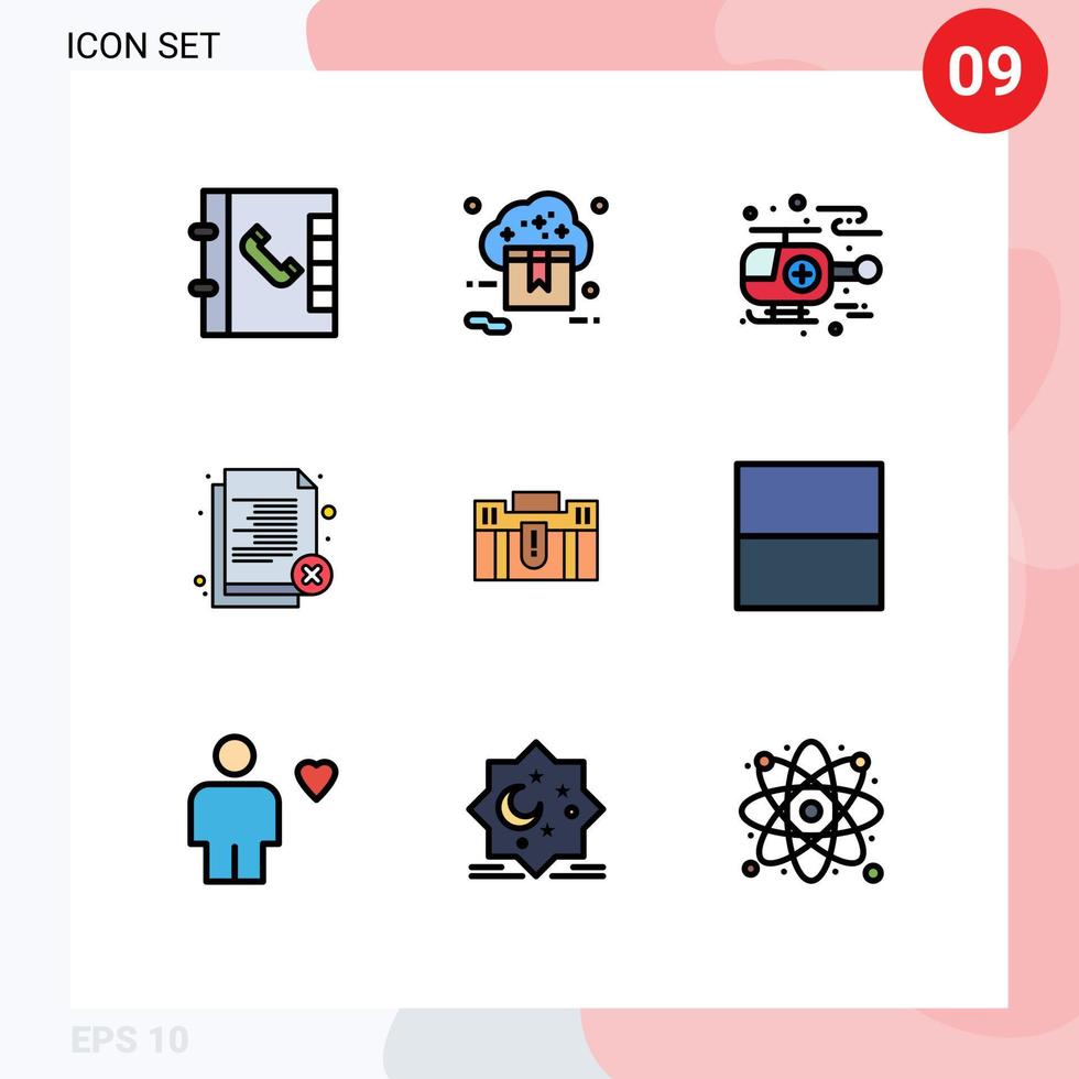 9 símbolos de signos de color plano de línea de llenado universal de maletín helicóptero rechazo oficina elementos de diseño vectorial editables vector