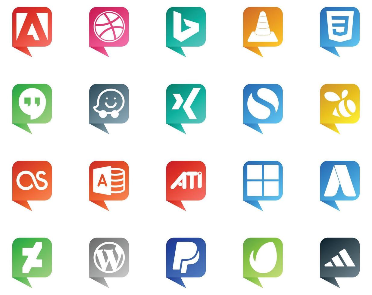 20 logotipos de estilo de burbujas de discurso de redes sociales como deviantart microsoft waze ati lastfm vector